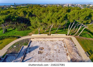 Magnificent ancient mosaics from the time of Roman rule. Green park in the seaside village of Caesarea. The photo was taken from a drone. Israel, warm January day. 