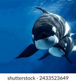 A magnificent baby killer whale swims up close to his mother