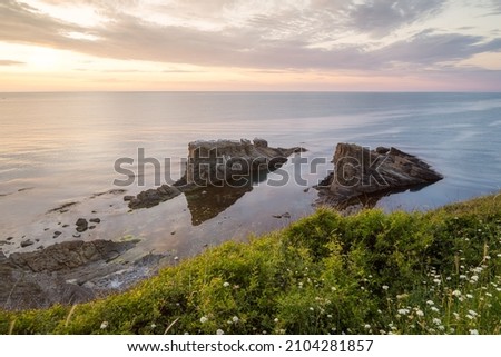 Magnificent colorful seascape with picturesque rocks near Sinemoretz, Bulgaria in golden hour before sunset