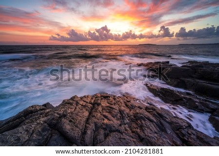 Magnificent colorful seascape with picturesque rocks near Sinemoretz in Bulgaria at sunrise