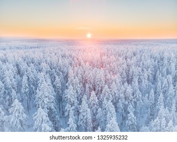 Magnificent colorful sunrise in the winter landscape of Lapland, Finland