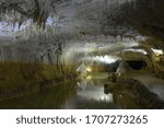 Magnificent formations in underground cavern. Grottes de Choranche, Isère, France. Taken in Feb. 2020. 