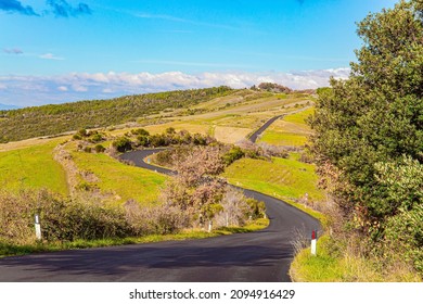 The Magnificent Italian Province Of Tuscany. Fields And Hills Are Covered With Light Fog. Evening Twilight. The Winding Road To The Farm. Sunset