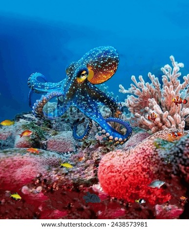 A magnificent large marine octopus masterfully disguises itself among the brightly colored corals