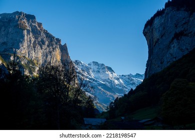 Magnificent Lauterbrunnen Alps. Mountains And Waterfall, Incredible Nature