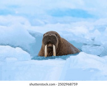 A magnificent Northern walrus with huge fangs sits in frozen water among white ice blocks in close-up