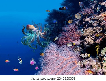 A magnificent octopus masterfully disguises itself as a variety of colors of a coral reef against the background of its inhabitants and colorful fish