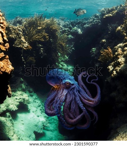 Magnificent Pacific octopus underwater between rock crevices close-up