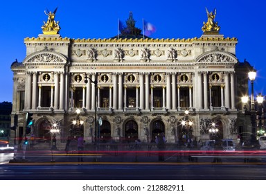 The magnificent Palais Garnier at dusk in Paris, France.  The Palais is a 1,979-seat Opera House built for the Paris Opera.