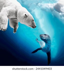 A magnificent polar bear underwater hunts an Arctic seal among underwater ice floes in close-up