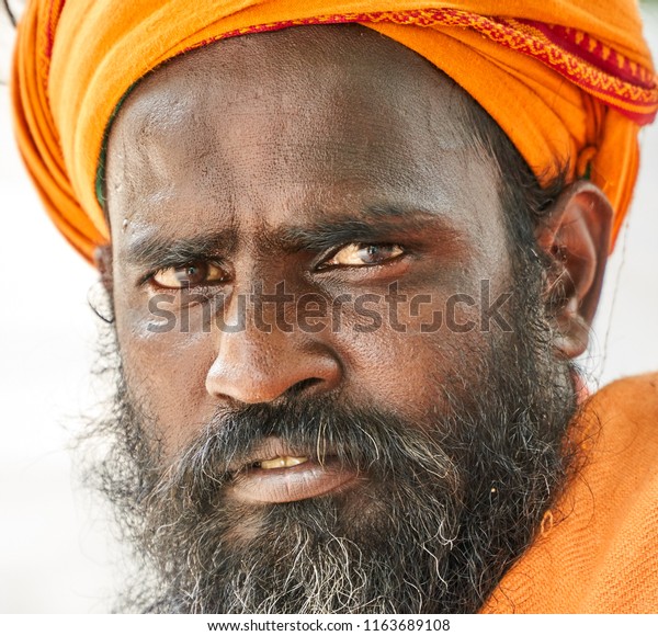 Magnificent Portrait Sadhu Black Beard Orange Royalty Free Stock