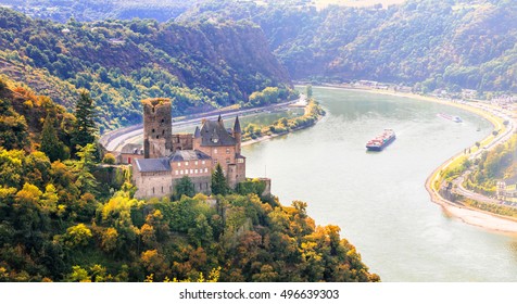 Magnificent Rhine Valley With Romantic Medieval Castles. Katz Castle In St Goarshhausen . Germany