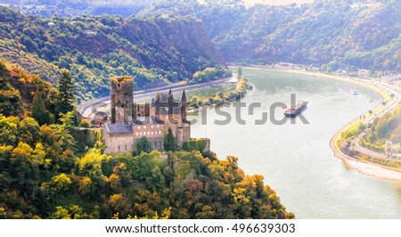 Magnificent Rhine valley with romantic medieval castles. Katz castle in st Goarshhausen . Germany