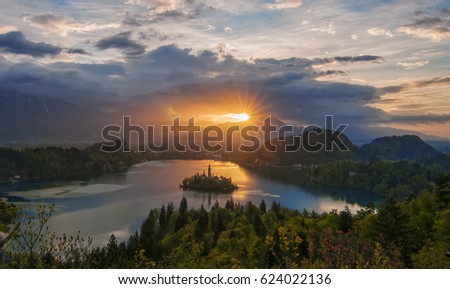 Similar – Image, Stock Photo Lake Bled with St. Mary’s Church in Slovenia in the morning light