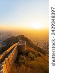 Magnificent sunset with aerial view over Jaipur India from Nahargarh fort