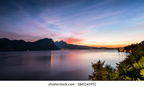 A magnificent sunset over Lake Lucerne. City lights. Top of Mount Pilatus. Switzerland. - Powered by Shutterstock