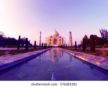 Magnificent Taj Mahal in Agra, India. Mausoleum. Mosque. UNESCO World Heritage Site. Direct view. Fountain.