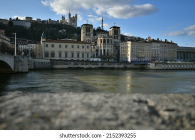 Magnificent view of the Basilica of Notre Dame de Fouviere with in the foreground the Cathedral Saint Jean Baptiste and the Bonaparte Bridge 