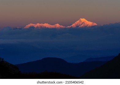 Magnificent view of Gold coloured Kanchenjunga mountain range in dawn, Himalayan mountain range, Sikkim, India