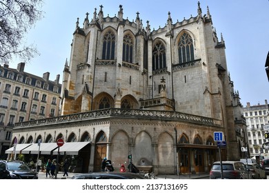 Magnificent view on the back of the famous gothic church Saint-Nizier and its florists in Lyon, France