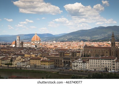 Magnificent View Over The Historical Center Of Florence In Italy. The Photo Is Taken From Piazzale Michelangelo And Shows The Arno River, The Duomo And Many Other Churches And Buildings