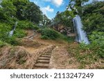 Magnificent view of stone stairs leading to famous Edessa waterfalls Greece. Beautiful nature backgrounds.