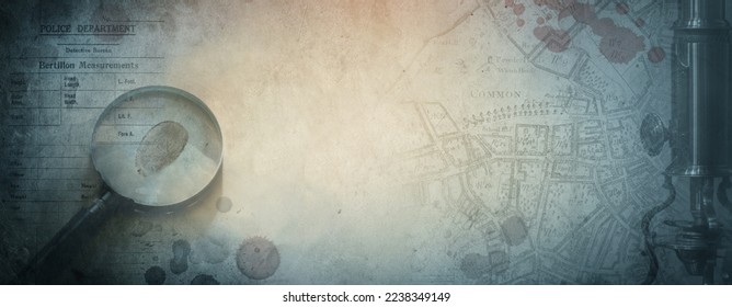 Magnifier, fingerprint, blood drops, microscope, map and police form. Vintage background on the theme of crime, police, detective, investigation. Old style.