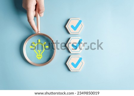 Magnifier focus to Light Bulb and Checking list, quality check planning icon. Target solution target, successful business and thinking solution strategy concept.