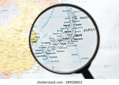 Magnifier focuses Japan on a map.