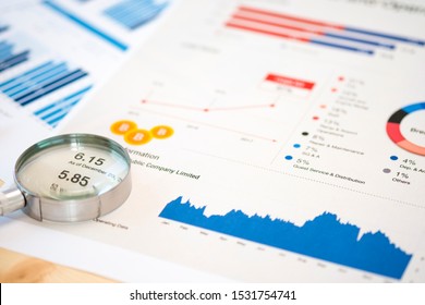 Magnifier glass and financial data on businessman 's desk for analysis and find the best stock from stock market.