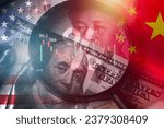 Magnifier glass focus on USD dollar and Yuan banknote with USA and China flag .It is symbol of economic tariffs trade war ,tax barrier and tech competition which it effect to global economy concept.