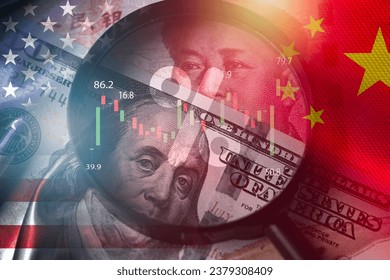 Magnifier glass focus on USD dollar and Yuan banknote with USA and China flag .It is symbol of economic tariffs trade war ,tax barrier and tech competition which it effect to global economy concept.