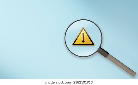 magnifier glass with yellow triangle caution warning sign for notification error and maintenance concept. magnifying glass and with exclamation attention sign. Root cause analysis or solving problem