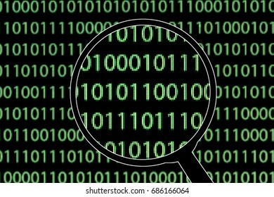 Magnifying glass binary code on computer screen. Hacker and technology background.