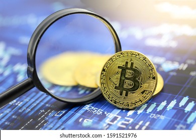 Magnifying Glass Of Bitcoin Graph Chart ,bitcoin Stock Market Analysis