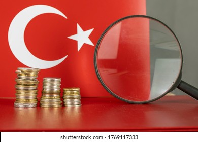 Magnifying Glass And Coins In Front Of Turkey Flag, Country Economy Concept