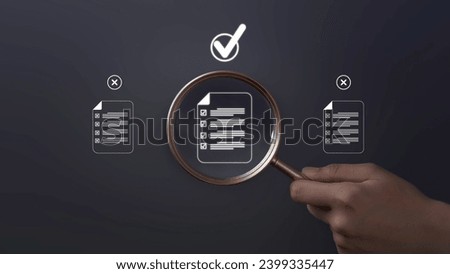  Magnifying glass focus on correct sign mark with document approve paperless and quality assurance approve. Rules of conduct and policies. Document quality control concept.