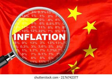 Magnifying Glass Focused On The Word Inflation On China Flag Background. Hike Interest Rate. Inflation Income Crisis. Inflation, Tax, Cash Flow And Another Financial Concept In China