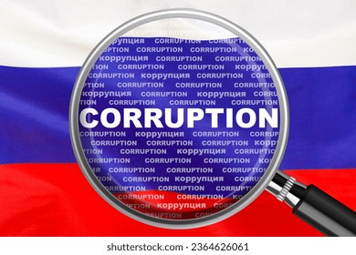 Magnifying glass focused on the word corruption on Russia flag background. Corruption and another financial concept in Russia - Shutterstock ID 2364626061