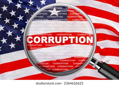 Magnifying glass focused on the word corruption on US flag background. Corruption and another financial concept in USA - Shutterstock ID 2364626625
