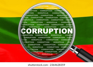 Magnifying glass focused on the word corruption on Lithuania flag background. Corruption and another financial concept in Lithuania - Shutterstock ID 2364628359