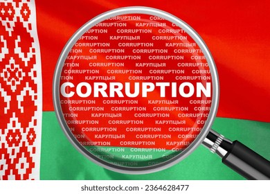 Magnifying glass focused on the word corruption on Belarus flag background. Corruption and another financial concept in Belarus - Shutterstock ID 2364628477