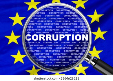Magnifying glass focused on the word corruption on EU flag background. Corruption and another financial concept in European Union - Shutterstock ID 2364628621