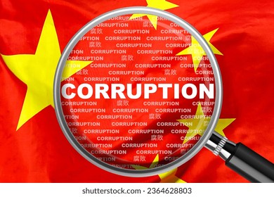 Magnifying glass focused on the word corruption on China flag background. Corruption and another financial concept in China - Shutterstock ID 2364628803