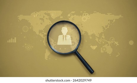 A magnifying glass focuses on a digital user icon over a world map background, representing customer targeting, data tracking, global audience analysis, and recruitment.