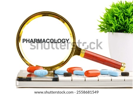 A magnifying glass focuses on the word Pharmacology against a bright backdrop. Colorful pills are scattered beside it, symbolizing the depth and creativity in studying this vital field of science.