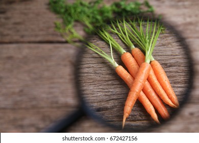 Magnifying Glass Focusing On Carrots. Concept Of Chemical Or Pesticide Investigation On Food