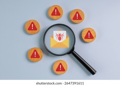 Magnifying glass focusing on warning email with virus icon, surrounded by red alert signs, representing malware detection, email threat analysis, phishing scam, and cybersecurity awareness.