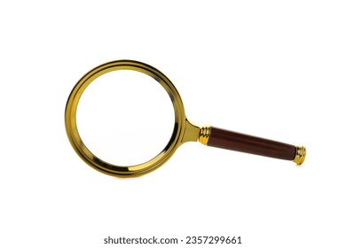 A magnifying glass in a golden frame, isolated on white background