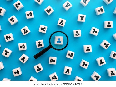 Magnifying glass and highlighted person. Select and recruit. HR search for new employees for the job position. Human resources and the labor market. Identification. Search for a donor.